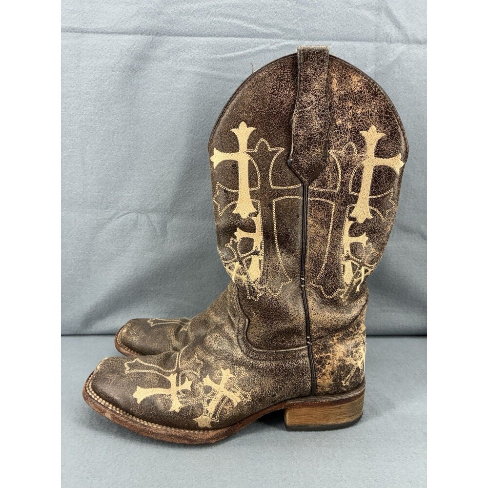 Circle G Women’s 7.5M Distressed Brown Cross Embroidered Western Cowboy Boots